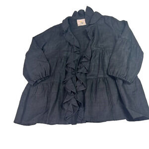 Dancing Ladies Cardigan Open Front Ruffled Tiered Linen Cross Stitch Back